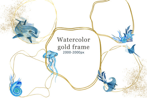 Download Watercolor Gold Frame Sea Animals PNG - Old Collection