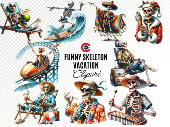 Download Funny Skeleton Vacation Watercolor Clipart - Funny Collection